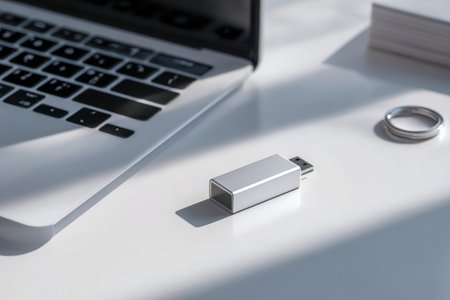 A shiny metal usb device rests on a pristine white surface, illuminated by bright daylight,...