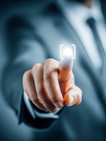 A confident professional in sharp attire interacts with a luminous digital display, embodying advanced technology use and innovative business environments.の写真素材