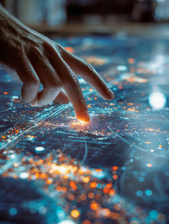 A human hand navigates a glowing digital city grid, revealing interconnected data nodes in a sleek, cutting-edge technological workspace.の写真素材
