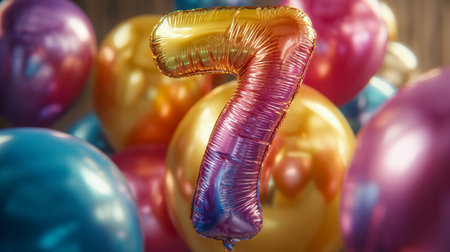 A dazzling number seven foil balloon shines amid cheerful, multicolored round balloons, set against...