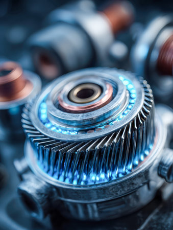 A close-up of a high-tech steel turbine part bathed in cool blue illumination, emphasizing...