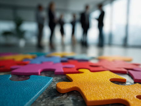 Colorful puzzle fragments spread across the floor represent collective effort, while a soft-focused team in the background discusses plans, highlighting unity in divの写真素材