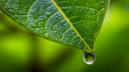 A lush green leaf displays intricate vein patterns, with a single glossy droplet delicately suspended at its tip, set against a gentle, out-of-focus natural backdropの写真素材