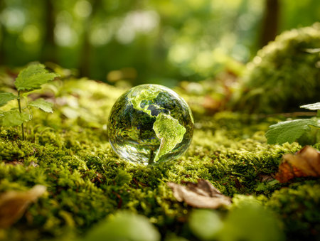 A clear, spherical surface captures a vibrant forest floor filled with lush moss and fallen leaves, emphasizing harmony with nature and eco-friendly stewardship.の写真素材