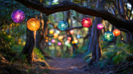 Vibrant orbs of light drift among tree limbs, illuminating a woodland trail with an enchanting glow that transforms the twilight into a whimsical celebration.の写真素材