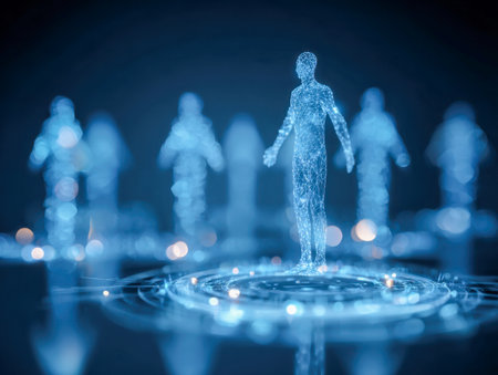 Illuminated blue holographic human forms interconnect in a sleek virtual realm, surrounded by dynamic light patterns and digital circuits, embodying innovation and sの写真素材
