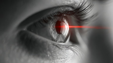 A close-up of an eye capturing a vivid, crimson laser streak, emphasizing cutting-edge biometric innovation and enhanced perceptual capabilities amid a sleek, monochの写真素材