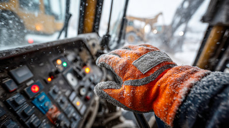 A focused laborer in vibrant orange gloves manages complex machinery amid a chilly, snow-covered landscape, highlighting resilience and industrial strength in winterの写真素材