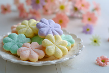 A gentle display of pastel-hued floral cookies sit gracefully on an antique white plate, with...