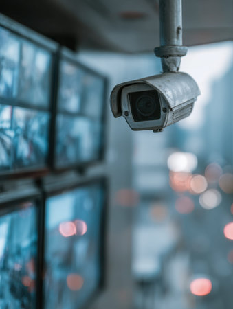 A high-tech security station displays several monitors tracking bustling street scenes, set against...