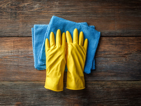 Vibrant yellow gloves sit atop a neatly folded blue microfiber cloth, displayed on weathered wood, suggesting readiness for household maintenance.の写真素材