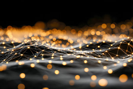 A vibrant web of luminous points interconnected by flowing lines, forming a pulsating wave pattern...