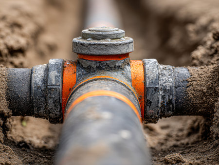 A rugged outdoor plumbing joint features a corroded metal valve intertwined with earth, capturing...