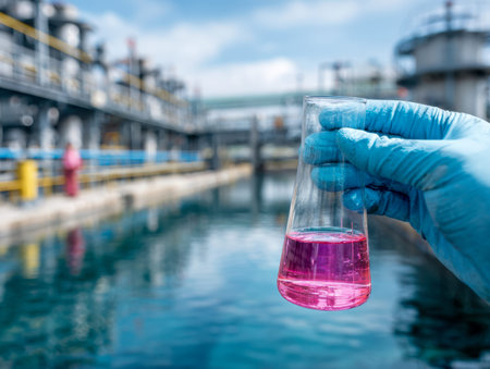 A safeguarded hand grips a container filled with vibrant pink fluid, set against a sunny scene of...