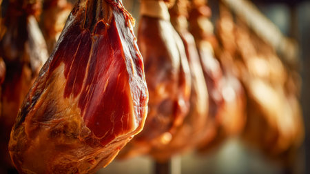A rustic scene of cured ham legs suspended in a smoky environment, revealing deep saffron hues and...