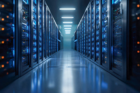 Sleek, illuminated aisles of cutting-edge server enclosures bathed in cool blue glow, reflecting...