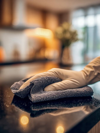 A gloved hand gently cleans a gleaming kitchen surface with a soft microfiber cloth, highlighting cleanliness and modern elegance in a cozy, well-lit home environmenの写真素材