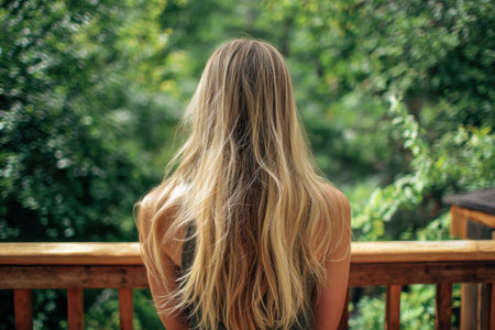 A serene scene of a blonde woman gazing across vibrant foliage from a rustic deck, basking in warm sunlight amid nature's tranquility.の写真素材