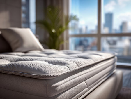 A sumptuous bed with a soft, inviting pillow rests in a sleek, contemporary bedroom bathed in natural daylight, overlooking a vibrant city skyline through expansiveの写真素材