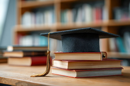 A scholarly scene featuring a mortarboard atop a pile of classic hardcover books within a quiet library, embodying the culmination of learning and intellectual growtの写真素材