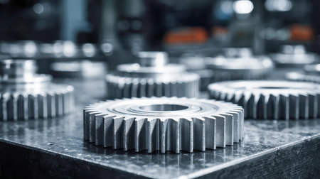 A collection of finely crafted metal wheels with detailed serrated edges laying on a shadowy industrial backdrop, highlighting meticulous craftsmanship and mechanicsの写真素材