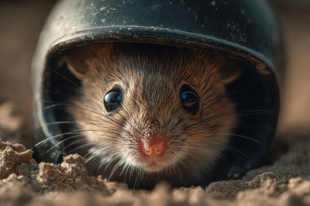 A tiny rodent with glossy black eyes and delicate whiskers emerges from a dark pipe nestled in sandy...