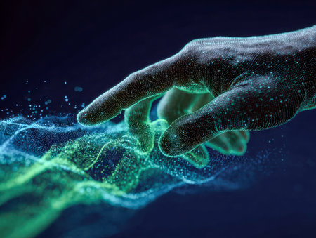 A human-like digital contour extends gracefully to touch a radiant stream of shimmering data points, symbolizing seamless integration of technologic innovation and hの写真素材