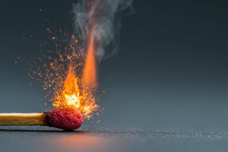 A close-up captures a single wooden match striking to produce vivid sparks and small flames, set...