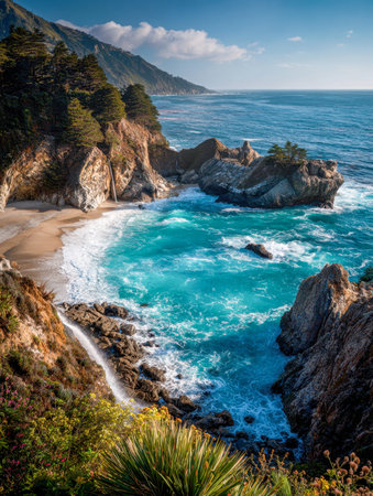 Sunset glows over lively azure waves colliding with rocky outcroppings, revealing a hidden sandy cove embraced by vibrant foliage beneath a cloudless sky.の写真素材
