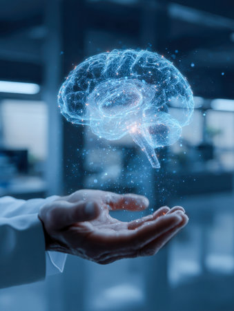 A glowing, intricate hologram of a human brain hovers above open palms, representing cutting-edge breakthroughs in neural science and cognitive engineering.の写真素材