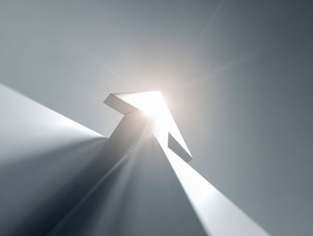 A vibrant, glowing arrow ascends dynamically amid sharp light rays and contrasting shadows, set against a pristine background to evoke innovation and forward motion.の写真素材