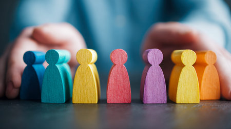 Hands placing vibrant wooden figurines on a dark surface, illustrating teamwork, inclusivity, and...