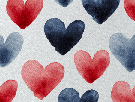 A charming arrangement of vibrant red and blue watercolor hearts adorns textured white paper, evoking love, creativity, and a handcrafted artistic feel perfect for rの写真素材