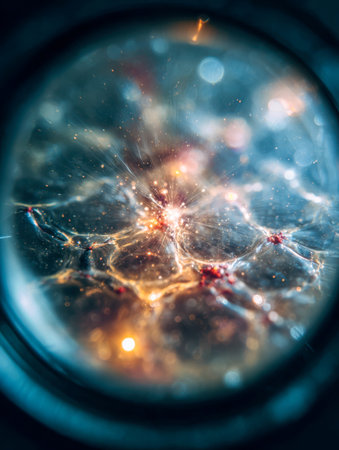 A mesmerizing display of tiny luminous strands and spheres forming a complex web, illuminated by vibrant blue and orange hues, evoking a sense of energetic connectivの写真素材