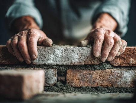 Expert craftsmanship in progress as fingers meticulously set concrete-adhered bricks, shaping a resilient wall backbone at a bustling construction zone.の写真素材