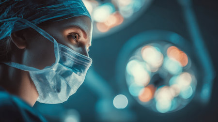 A dedicated female medical professional in protective attire exhibits intense concentration as she performs a precise procedure under bright, sterile lighting withinの写真素材