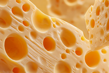 A close-up of cheese slices highlighting iconic holes and a velvety surface, bathed in warm amber hues perfect for gastronomy and gourmet presentations.の写真素材
