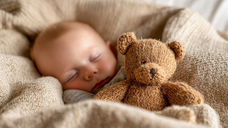 A serene infant rests peacefully, embraced by gentle, textured blankets, with a plush brown teddy bear providing cozy companionship during restful slumber.の写真素材