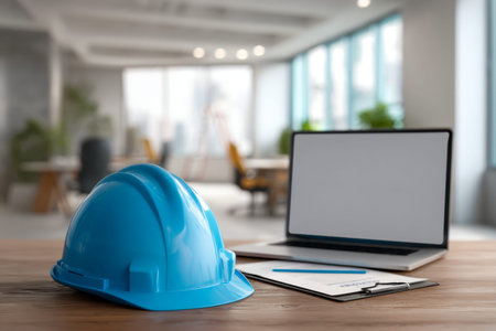 A safety helmet beside a laptop and clipboard on a sleek wooden desk captures the essence of modern...