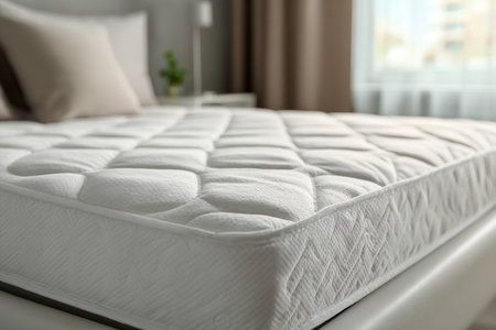 A serene bedroom featuring a pristine, tufted white mattress atop a sleek frame, bathed in gentle lighting and accented by warm, neutral decor for peaceful nights.の写真素材