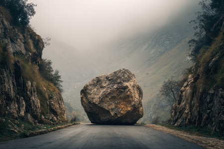 A massive, gravity-sized stone sits abruptly in the middle of a winding mountain pathway, encircled by rugged cliffs and shrouded in a mysterious, foggy landscape.の写真素材