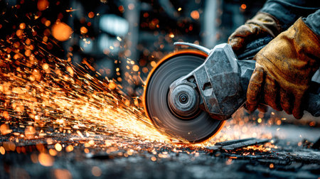 A skilled artisan operates a high-powered grinder amidst a bustling workshop, sending a shower of bright sparks as metal is precisely shaped during intense manufactuの写真素材