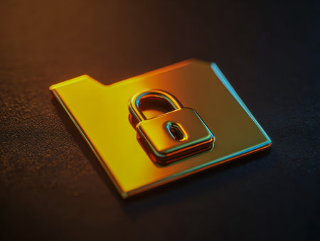 A sleek, reflective gold folder emblem featuring a lock, exuding security and trust, set against a rugged dark background with intense lighting for a powerful cybersの写真素材