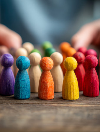 Vibrant handcrafted wooden figures clustered together on a rustic surface, with intertwined hands behind them symbolizing unity, cooperation, and collective effort.の写真素材