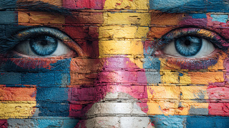Expressive gaze merges with bold, colorful strokes on a rough brick surface, crafting a captivating...