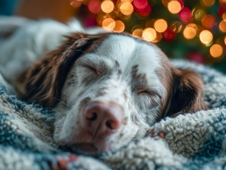 A charming canine rests peacefully on a plush blanket, surrounded by gentle, amber-lit holiday glow that evokes warmth and tranquility.の写真素材