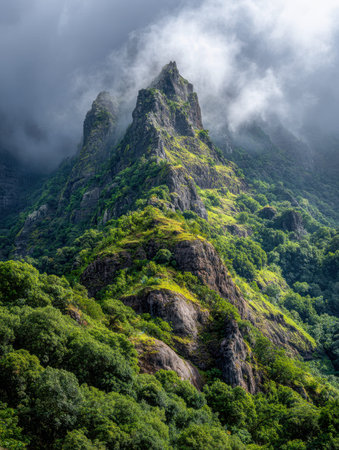 Towering craggy summit cloaked in vibrant foliage, shrouded by moody clouds and gentle sunlight,...