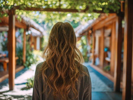 A graceful woman with flowing waves of hair pauses along a radiant garden path, embraced by vibrant foliage and rustic wooden beams under a clear sky.の写真素材