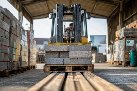 A sturdy forklift maneuvers carefully through an open-air storage area, lifting a load of uniform concrete blocks secured on a wooden platform beneath a protective rの写真素材