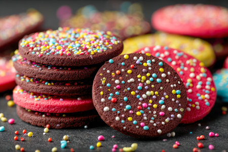 A lively display of variety-filled cookies adorned with rainbow sprinkles, artfully arranged among shimmering sugar confetti on a dark backdrop, evoking joyful celebの写真素材